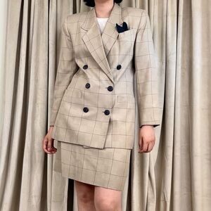 Vintage Kasper Beige Tan Checkered Plaid Double Breasted Skirt Suit Set